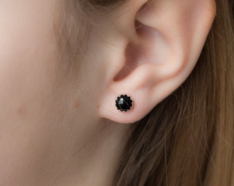 Black Onyx Post earrings , Sterling Silver Studs , Post Earrings 6mm Serrated setting