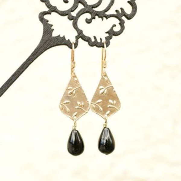 As Seen On Bones , Worn by Dr Brennan , Onyx Earrings , Golden earrings , Teardrop earrings , Lightweight earrings, Metal clay earrings