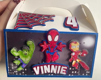Pudełko na upominki 3D Spidey and Friends Gable, pojemnik na upominki na imprezę z własnym imieniem