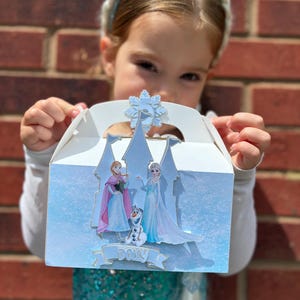 Puede incluir: Una caja de cart&oacute;n blanca con una silueta de castillo azul claro, im&aacute;genes de dos personajes femeninos y un mu&ntilde;eco de nieve, un recorte de copo de nieve con el n&uacute;mero 5 y una pancarta con el nombre Dolly impreso en letras azules.