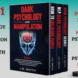 Può includere: Una pila di tre libri e un ebook intitolato "Dark Psychology and Manipulation" di J.R. Smith. I libri sono neri con testo rosso e bianco. La copertina dell'ebook presenta un volto con un'illustrazione del cervello.