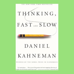 May include: A white book cover titled Thinking, Fast and Slow by Daniel Kahneman. The cover features a yellow pencil with a pink eraser positioned horizontally in the center, with a thin, hand-drawn black line extending from the pencil tip.