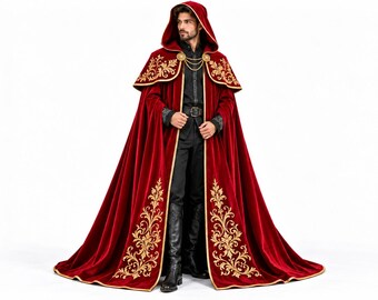 Luxury Red Velvet Christmas Cloak, Hooded Royal Cape with Gold Embroidery, Santa Style Costume, Medieval Holiday Robe, Festive Fantasy Cape
