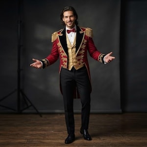 May include: A red tailcoat jacket with gold fringe epaulets and black velvet lapels, worn over a gold button-down vest and white shirt with a red bow tie. The ensemble includes black trousers and black dress shoes, creating a formal look.