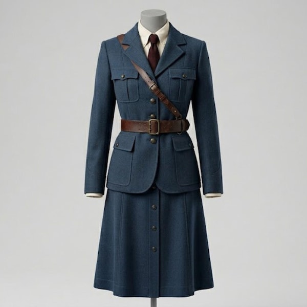Women’s Vintage Military Officer Uniform Set | Blue Army Dress Coat & Skirt | Historical Military Costume | Formal Parade Outfit