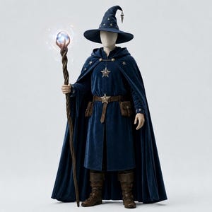 Hemelse tovenaarsgewaad | Blauw fluwelen magiër-mantel | Fantasie tovenaarskostuum | LARP-cape met capuchon | Archmage-cosplayoutfit