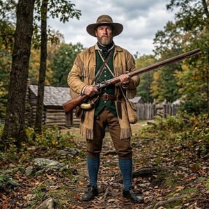 Pode incluir: Uma pessoa veste uma jaqueta de camurça bege com franjas, um colete verde-escuro, calças marrons, meias azuis e um chapéu de abas largas. Segura um longo rifle de pederneira de madeira com cano de metal e carrega uma pequena bolsa e chifre.