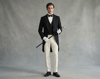 Men’s Victorian White Tie Tailcoat Suit – Formal Black Evening Tuxedo with Waistcoat | Historical Gentleman Outfit