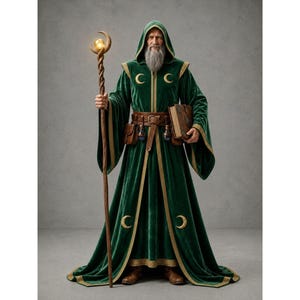 Può includere: Una figura con una lunga barba grigia indossa una tunica con cappuccio in velluto verde fino ai piedi con emblemi a mezzaluna dorati. L'abbigliamento include una cintura in pelle marrone con borse e un libro. Impugna un bastone di legno con un globo.