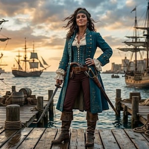 May include: A person in a teal pirate coat, brown pants, and boots stands on a wooden dock, holding a sword. Ships sail in the background under a sunset sky. The person wears a corset, a white ruffled shirt, and a headband.