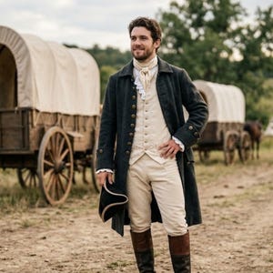 May include: A man in historical attire stands in a field with covered wagons in the background. He wears a dark gray coat, cream-colored vest, and light pants. He holds a black hat and wears brown boots. The scene evokes a historical or period drama setting.
