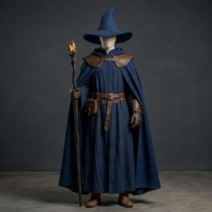 以下が含まれることがあります： ダークブルーの魔法使いのコスチューム。帽子とマントが付属し、茶色の革ベルト、肩パッド、手袋が付いています。オレンジ色の光る先端が付いた木の杖が、このアンサンブルを完成させています。