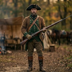 May include: A man in historical attire stands outdoors, holding a rifle. He wears a brown coat, green vest, and tricorn hat. The background includes a campsite with a tent and horses, suggesting a historical reenactment or period drama.