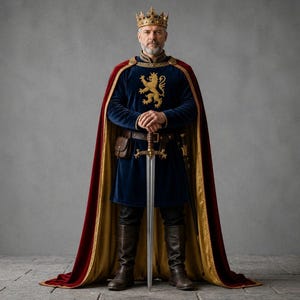 Túnica medieval de terciopelo azul real con capa roja / Disfraz de rey coronado / Atuendo real renacentista / Traje de armadura de rey de fantasía
