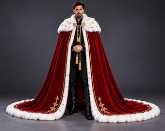 Men’s Royal Red Velvet Cape Cloak, White Faux Fur Trim King Costume, Medieval Royal Robe, Gold Embroidered Christmas Cape, Halloween Cosplay