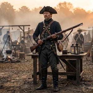 Pode incluir: Um homem em uniforme militar colonial preto está em pé segurando um rifle longo. Ele usa um chapéu tricornio e botas pretas altas. Outros soldados e tendas são visíveis ao fundo, sugerindo uma reconstituição histórica ou uma cena de filme.