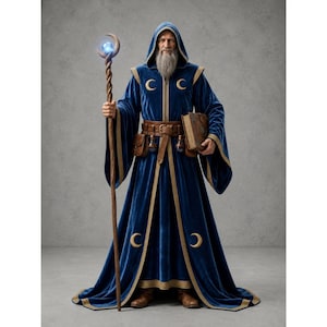 May include: A full-length image of a wizard in a dark blue velvet robe with gold trim and crescent moon accents. He holds a staff with a glowing blue orb and a leather-bound book. The wizard has a long white beard and is wearing a hooded cloak.