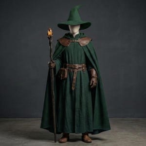 Pode incluir: Uma capa com capuz verde-escura e um chapéu pontiagudo a condizer sobre uma túnica comprida. O traje inclui uma ombreira de couro castanho, um cinto com uma pequena bolsa e luvas castanhas. Um cajado de madeira escura com um topo cor de âmbar.
