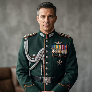 May include: A man in a dark green military uniform with gold trim, silver shoulder cords, and multiple medals. The uniform features a black belt with a silver buckle and is set against a gray background.