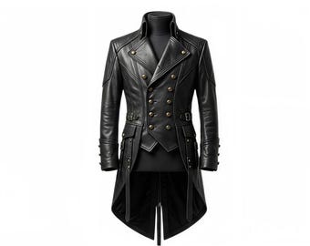 May include: A black leather coat with a double-breasted front, featuring gold-colored buttons and decorative buckles. The coat has a high collar, long sleeves, and a unique tailcoat design, showcasing a tailored fit.
