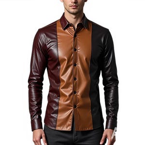 Op de afbeelding: Een overhemd met lange mouwen en een kleurblokontwerp. Het shirt heeft panelen van bordeauxrood, bruin en zwart imitatieleer. De kraag en manchetten zijn effen van kleur en het shirt heeft een klassieke knoopsluiting.