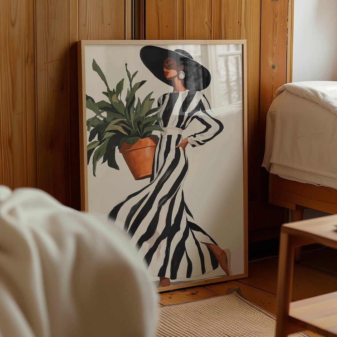 Fashion Illustration Woman Striped Dress Modern Wall Art Decor (digital ...