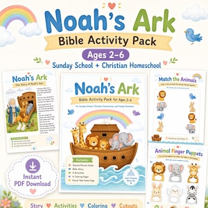 May include: A children's Bible activity pack titled "Noah's Ark" for ages 2-6. The image shows a rainbow, a blue bird, and a boat filled with animals. The pack includes a teacher's guide, Bible story, activities, coloring pages, and cutouts.