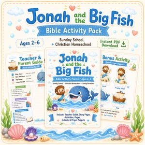 May include: A colorful Bible activity pack for ages 2-6, featuring the story of Jonah and the Big Fish. Includes a teacher guide, story pages, activities, cutouts, and finger puppets. Perfect for Sunday school and Christian homeschool.