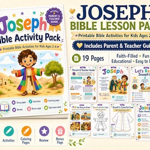 Może przedstawiać: Wyświetlany jest kolorowy "Joseph Bible Activity Pack" z "Drukowanymi aktywnościami biblijnymi dla dzieci w wieku 2-6 lat". Pakiet zawiera przewodnik dla rodziców i nauczycieli, strony z opowiadaniami, ćwiczenia, kolorowanki i recenzję. Pakiet jest pełen wiary, zabawny, edukacyjny i łatwy w użyciu.