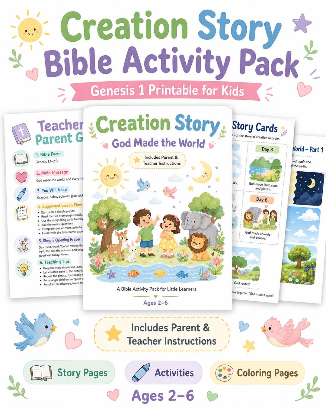 Creation Story Bible Activity Pack, Genesis 1 Printable, Sunday School ...