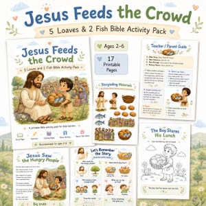 Può includere: Un pacchetto di attività bibliche stampabile intitolato Jesus Feeds the Crowd, composto da 17 pagine per bambini dai 2 ai 6 anni. Include una guida per i genitori, materiali per raccontare storie, pagine da colorare e schede con illustrazioni.