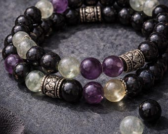 Labradorite Amethyst Bracelet, Black Onyx Tourmaline, Grounding Gemstone Jewelry | AVILA