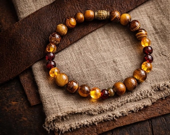 Tiger’s Eye & Baltic Amber Bracelet | Grounding Protection Bracelet | Handmade Gemstone Jewelry