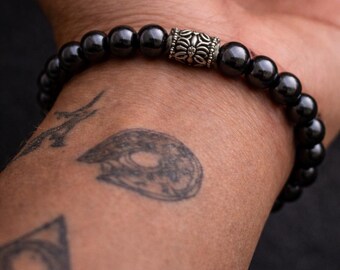 Mens Hematite Beaded Bracelet | Minimalist Grounding Stone Jewelry | Handmade