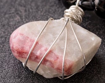 Raw Pink Tourmaline Quartz Pendant, Sterling Silver Wire Wrap, Black Onyx Necklace