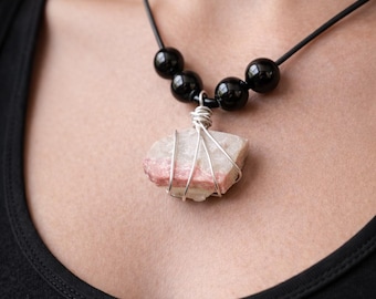 Raw Pink Tourmaline Quartz Necklace, Black Onyx Sterling Silver Wire Wrap Pendant