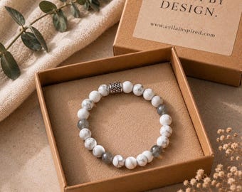 Howlite Labradorite Bracelet | White Gemstone Stretch Bracelet | Calming Protection Crystal Bracelet | The Clear Within AVILA