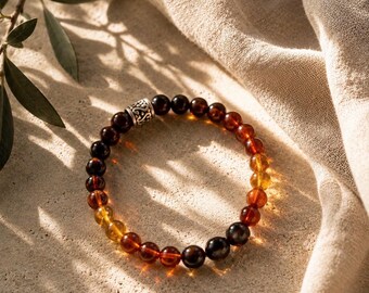 Cherry Cognac Butterscotch Baltic Amber Bracelet | Multi Tone Amber Stretch Bracelet | Handmade Genuine Amber AVILA
