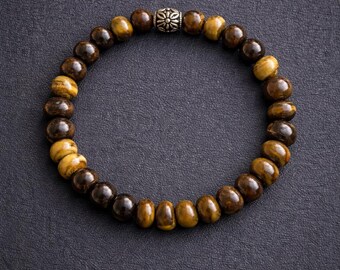 Tiger's Eye Beaded Bracelet | Antique Bronze Accent, Grounding Gemstone Jewelry, Handmade NYC