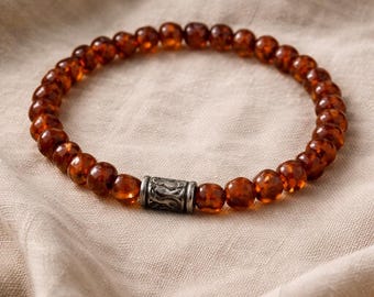 Minimalist Baltic Amber Bracelet for Women | Everyday Stretch Amber Jewelry | Dainty Cognac Amber | Handmade NYC