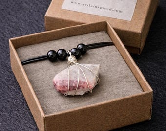 Raw Pink Tourmaline Quartz Necklace, Sterling Silver Wire Wrap, Black Onyx Beads
