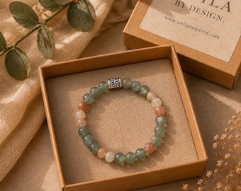 Nephrite Jade and Rainbow Moonstone Bracelet, Natural Gemstone Stretch Bracelet, Handmade, Meaningful Gift for Balance & New Beginnings