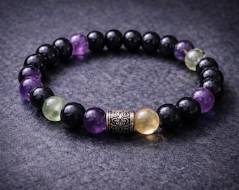 Amethyst Labradorite Black Onyx TourmalineStress Relief Bracelet | Grounding Calm Anxiety Jewelry
