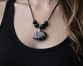 One-of-a-Kind Labradorite Pendant Necklace – Sterling Silver Wire Wrap, Black Onyx Beads