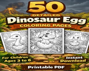 50 detailed dinosaur egg coloring pages with plants and rocks (printable PDF) | (printable PDF) for children ages 3 to 6 | instant download
