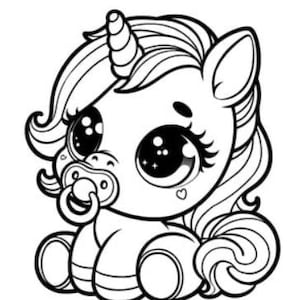 May include: Line art illustration of a baby unicorn with large eyes, a pacifier, and a curly mane and tail. The unicorn is sitting, with its front legs and hooves visible. A heart is drawn on its cheek.