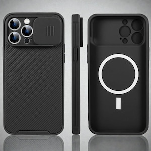 May include: Black phone case with a sliding camera cover and a textured back. The case has a built-in magnetic ring on the back. The case is designed to protect the phone from scratches and drops.