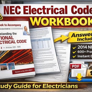 Könnte beinhalten: Ein Arbeitsbuch mit dem Titel "NEC Electrical Code Workbook" mit dem Text "Understanding the National Electrical Code". Das Cover zeigt ein Foto eines Mannes und den Text "Volume 2 Articles 500-820". Enthält einen Antwortschlüssel, über 600 Übungsfragen und einen Sofort-Download.