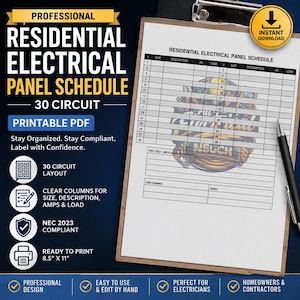 Residential Electrical Panel Schedule – 30 Circuit (Printable / Fillable PDF)