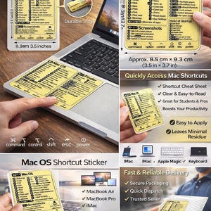 May include: A yellow Mac OS shortcut sticker, 3.5 x 3.7 inches, with keyboard commands for MacBook and Apple devices. The sticker is made of durable vinyl and is easy to apply. The image shows the sticker on a laptop and in a person's hand.